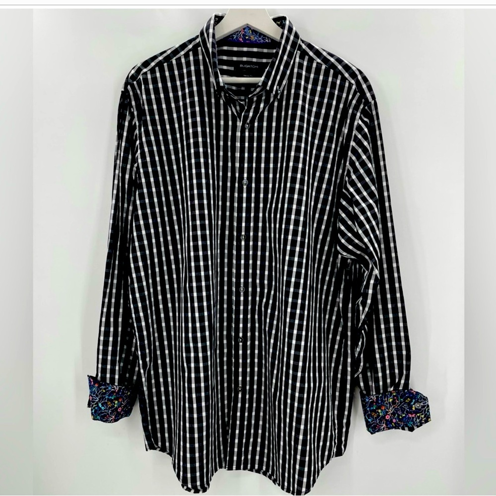 Bugatchi Button Down Dress Shirt Classic Fit Gingham Print Size Large